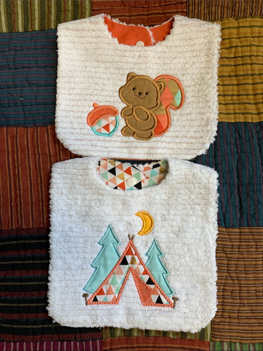 New Baby Bibs with Coral & Aqua Woodland Appliqués (Set of 2)